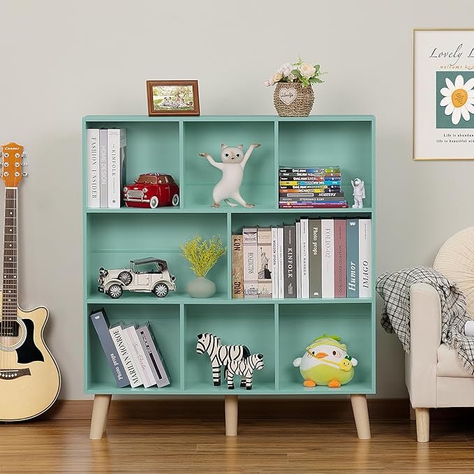 LEYAOYAO 8 Cube Bookshelf 3-Tier Bookcase with Legs, Mint-Green Kids Book Shelf Cute Storage Organizer, Large Open Toy Shelves Modern Bookshelfs,Display Bookcases for Bedroom,Living Room,Nursery