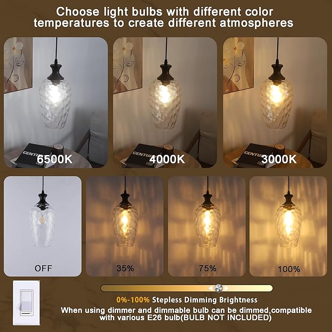 Glass Pendant Lights Kitchen Island 2 Pack, 1-Light Black Pendant Light Fixtures with Hand-Blown Clear Glass, Farmhouse Modern Hanging Light for Kitchen Sink Dining Room Bedroom