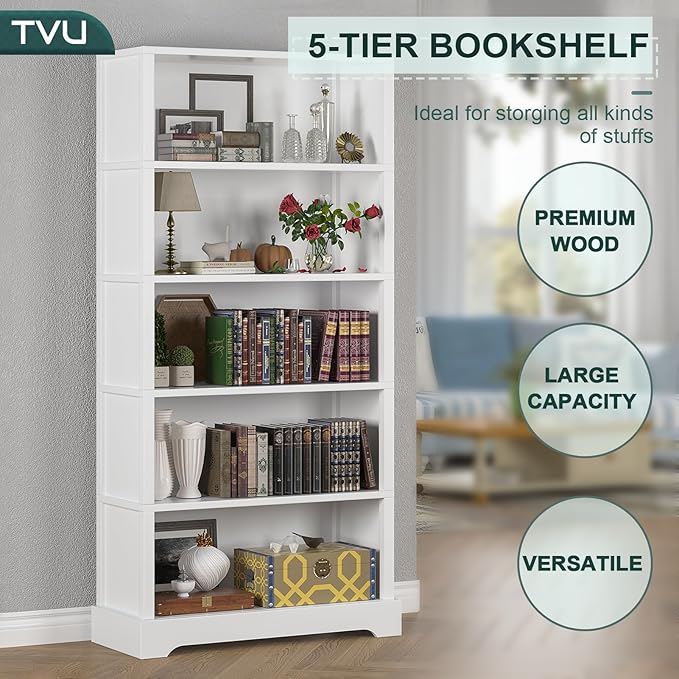 TVU 5-Tier Wooden Book Shelf, 65" Tall Bookshelf with Storage, Floor-Standing Display Bookcase, Farmhouse Style Bookshelf with Arched Base, Suitable for Living Room, Study, Office, White