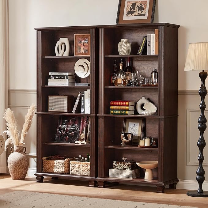 70" Tall Walnut Bookshelf,5 Tier Wooden Book Shelf with Adjustable Shelves &amp; Wood Legs,Free Standing Farmhouse Bookcase with Open Display Storage,Vintage Bookshelfs for Classroom, 2PCS