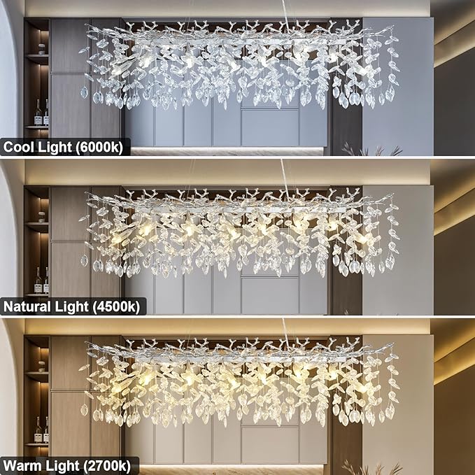 YUYI Modern Crystal Chandelier, 47" Silver Tree Branch Chandelier, 14-Light Luxury Rectangular Raindrop Chandeliers for Dining Room, Kitchen Island, Living Room, Contemporary K9 Crystal Light Fixture