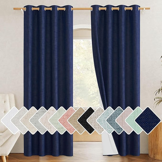NICETOWN 100% Absolutely Blackout Linen Curtains with Thermal Insulated White Liner, Dark Blue, 52" Wide, 2 Pieces, Privacy Vertical Window Drapes for Office Laundry Living Room Windows 84 inch Long