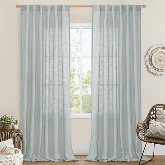 LAMIT Living Room Linen Curtains 95 Inch for Bedroom, Back Tab and Rod Pocket Linen Textured Sheer Panels Light Filtering Burlap Drapes for Farmhouse, 2 Panels, 52 x 95 Inch, Greyish Blue