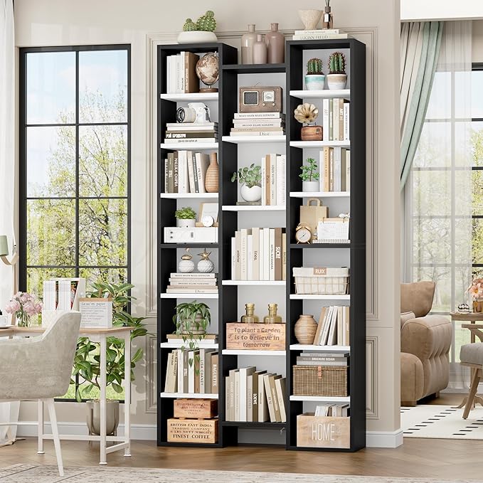 FOTOSOK 71'' Tall Bookshelf, Triple Wide Bookshelf with Adjustable Shelves, 8 Tier Media CD DVD Storage Tower Rack, Diaplay Cabinet Shelf, Cube Storage Organizer Shelf for Home Office, White/Black