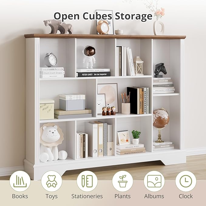 10 Cube Storage Bookcase, Modern 3-Tier Wooden Storage Organizer Open Bookshelf with Base for Living Room, Bedroom, Home Office