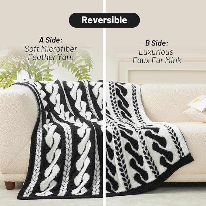 Amélie Home Cable Knit Throw Blanket for Couch, Bicolour Super Soft Cozy Fuzzy Plush Throws for Sofa, 50" x 60", Cable Black &amp; White
