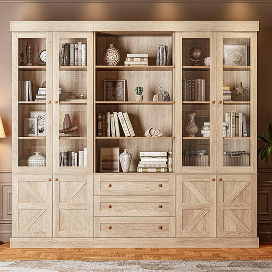 Vyre 71" Tall Farmhouse Kitchen Pantry, Large Storage Cabinets with Glass Doors, Freestanding Wood Hutch Cabinet with 3 Drawers & Adjustable Shelves for Living Room & Dining Room, Set of 3, Brown