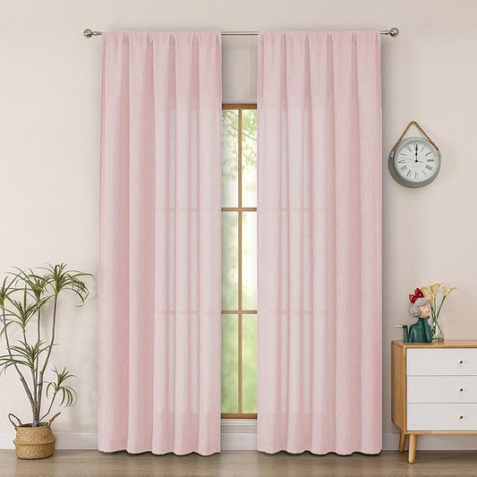 Simplebrand Blush Semi Sheer Faux Linen Textured Curtains 84 Inches Long 2 Panels, Light Filtering Farmhouse Bedroom Curtains, Farmhouse Rod Pocket Soft Thick Window Drapes for Living Room, 50Wx84L