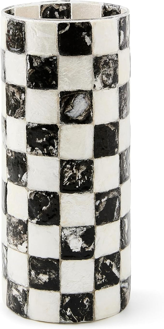 MACKENZIE-CHILDS Capiz Small Vase, Unique Flower-Vase Decor, Black-and-White Courtly Check