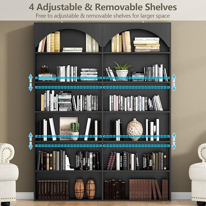 70.8'' Tall Bookshelf and Bookcase, 7-Tier Double Wide Bookcase Modern Large Open Display Shelves with Curved Baffle for Home Office Living Room (Black)
