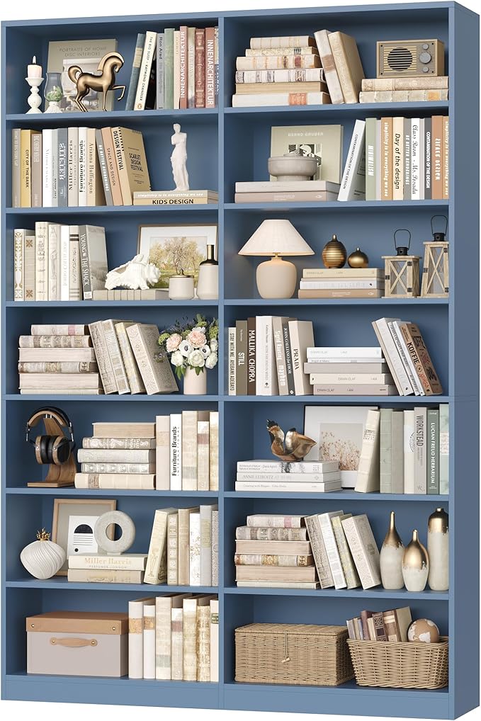 83.6" Tall Bookshelf and Bookcase, 7-Tier Extra Large Bookshelf with Double Storage, 14 Open Display Shelves for Home Office, Study and Living Room, Blue