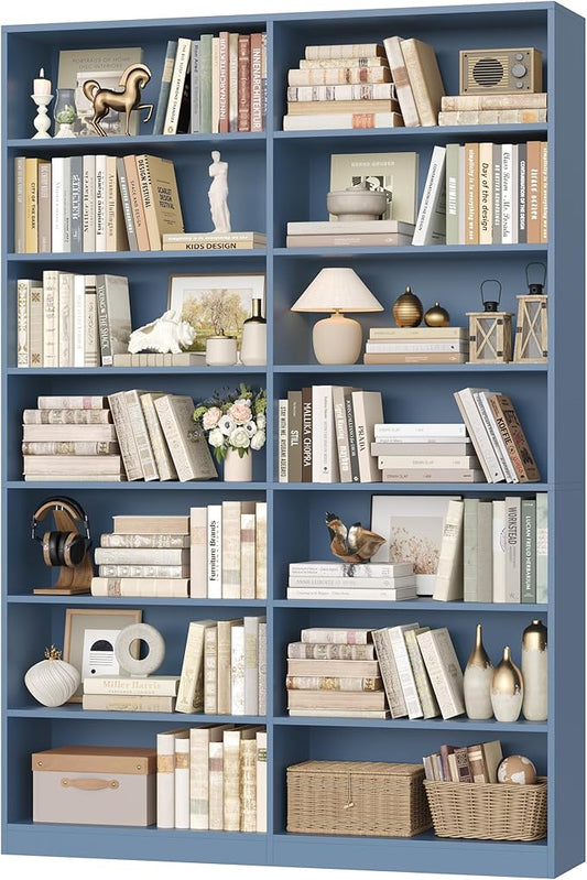 83.6" Tall Bookshelf and Bookcase, 7-Tier Extra Large Bookshelf with Double Storage, 14 Open Display Shelves for Home Office, Study and Living Room, Blue
