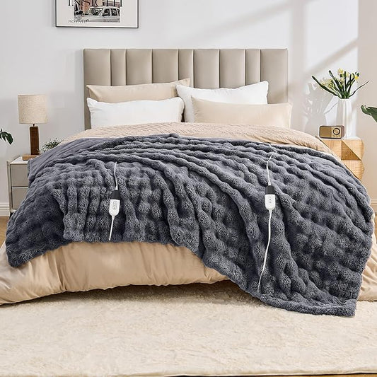 Heated Blanket Electric Throw Blanket 84''X 90''-Heating Blanket with 6 Heat Settings-4/10 Hours Auto Off,Cozy Faux Rabbit Fur Bubble Electric Blanket,Dark Gray