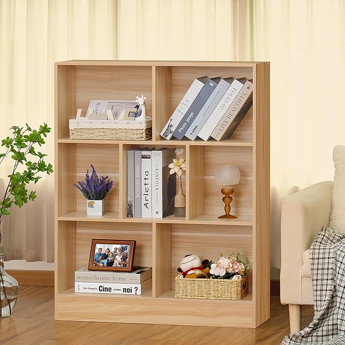 LEYAOYAO 7 Cube Bookshelf with Base,3 Tier Mid-Century Modern Natural Bookcase,Standing Wide Bookshelfs Storage Organizer Shelf,Rustic Wood Display Cabinet Book Shelves for Bedroom,Living Room,Office