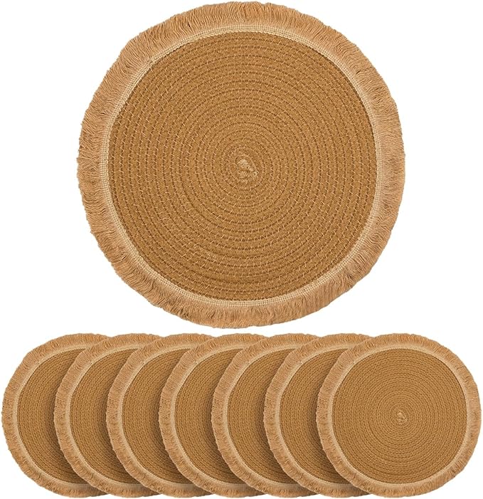 13.8 in Round Woven Boho Placemats Set of 8, Washable Cotton Farmhouse Rustic Place Mats for Dining Table Decor, Tassels Table Mats Plate Chargers for Dinner Plates