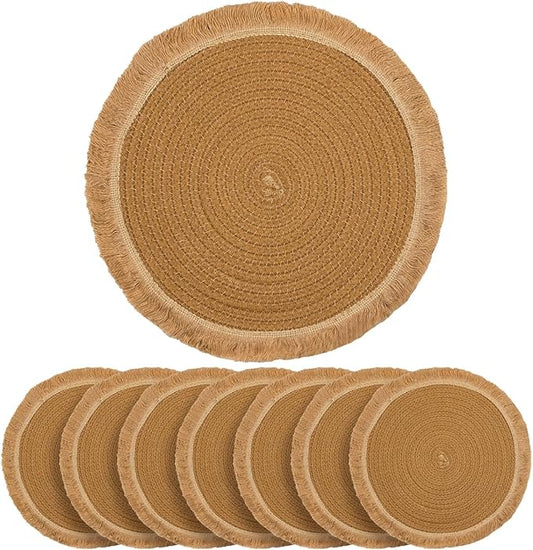 13.8 in Round Woven Boho Placemats Set of 8, Washable Cotton Farmhouse Rustic Place Mats for Dining Table Decor, Tassels Table Mats Plate Chargers for Dinner Plates