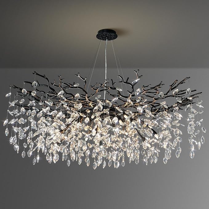 YUYI 47" Black Crystal Chandelier, 18-Light Modern Tree Branch Chandelier for Dining Room, Luxury Round K9 Raindrop Chandeliers Light Fixture for Living Room, Foyer, Entryway, Kitchen, Bedroom