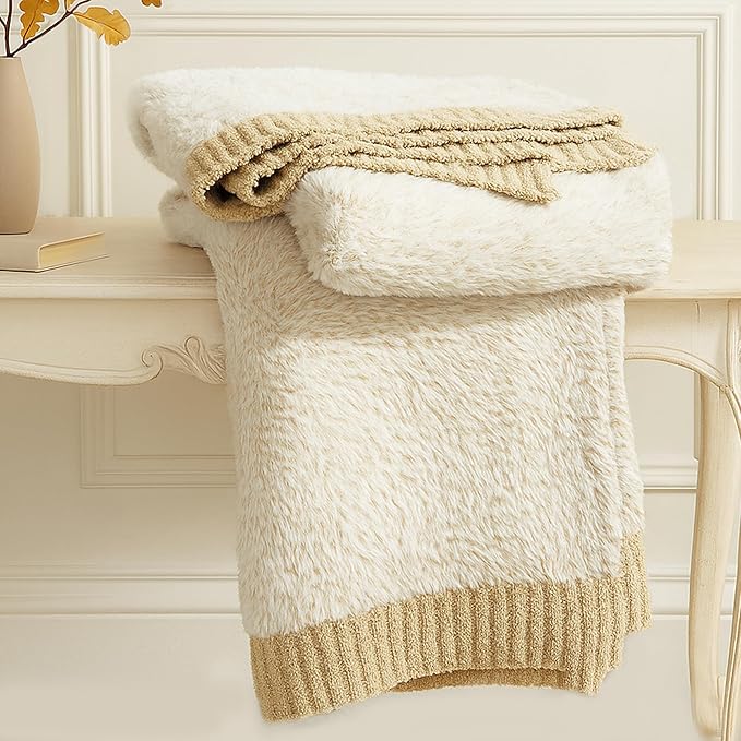 Amélie Home Knit Throw Blanket for Couch, Super Soft Cozy Fuzzy Plush Throws for Sofa, 50" x 60", Heather Beige