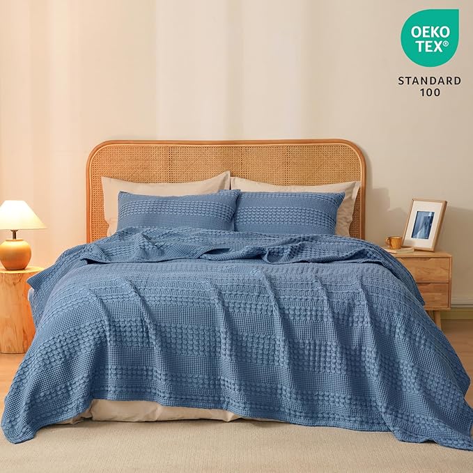 PHF 100% Cotton Waffle Weave Blanket Queen Size for Bed, Soft Lightweight &amp; Breathable, All-Season Comfort, Luxury Aesthetic Woven Bedding for Home Decor, 90"x90", Captain's Blue