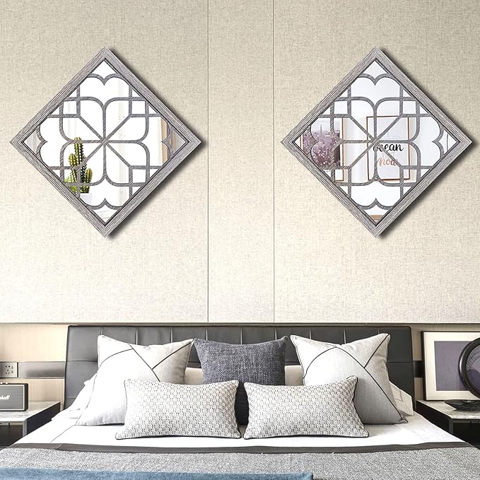 Wocred 2 PCS Square Wall Mirror,Gorgeous Rustic Farmhouse Accent Mirror,Barn Wood Color Entry Mirror for Bathroom Renovation,Bedrooms,Living Rooms and More(20”x20”)