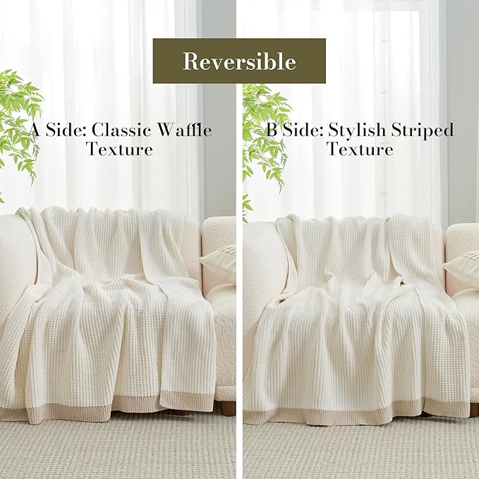 Amélie Home Waffle Throw Blanket for Couch Twin, Soft Cozy Chenille Knit Blanket Warm Decorative Throw for Sofa, Bed, Living Room, 60"x80", Ivory