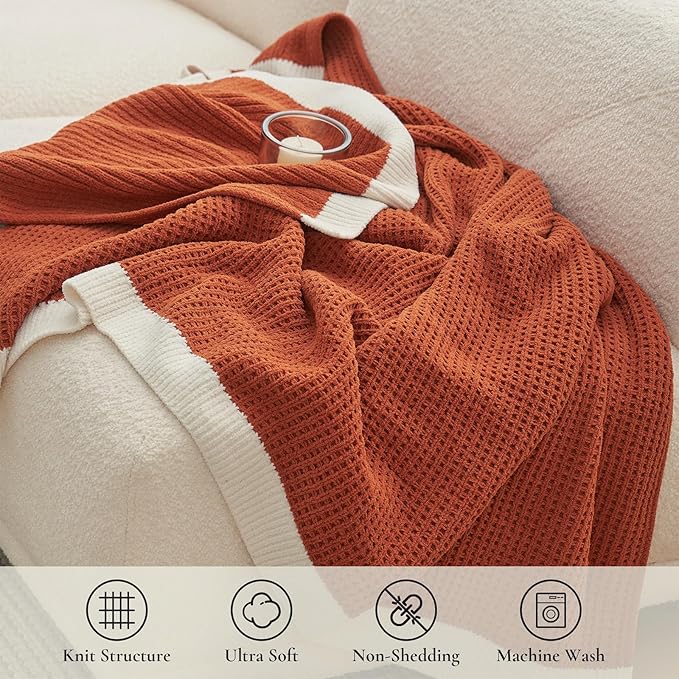 Amélie Home Waffle Throw Blanket for Couch, Soft Cozy Chenille Knit Blanket Warm Decorative Throw for Sofa, 50"x60", Burnt Orange