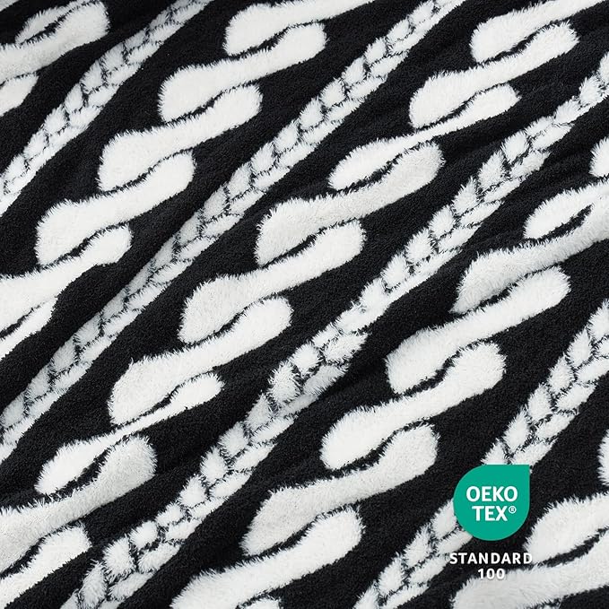 Amélie Home Cable Knit Throw Blanket for Couch, Bicolour Super Soft Cozy Fuzzy Plush Throws for Sofa, 50" x 60", Cable Black &amp; White