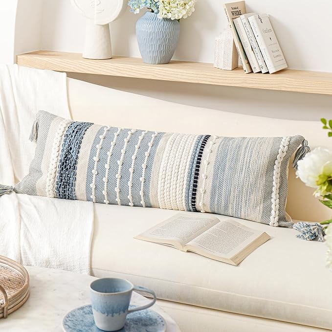 Coastal Blue Decorative Lumbar Pillow Cover 14x36 Boho Long Body Pillow for Bed Farmhouse Lumbar Throw Pillow for Couch Modern Accent Textured Throw Pillowcase
