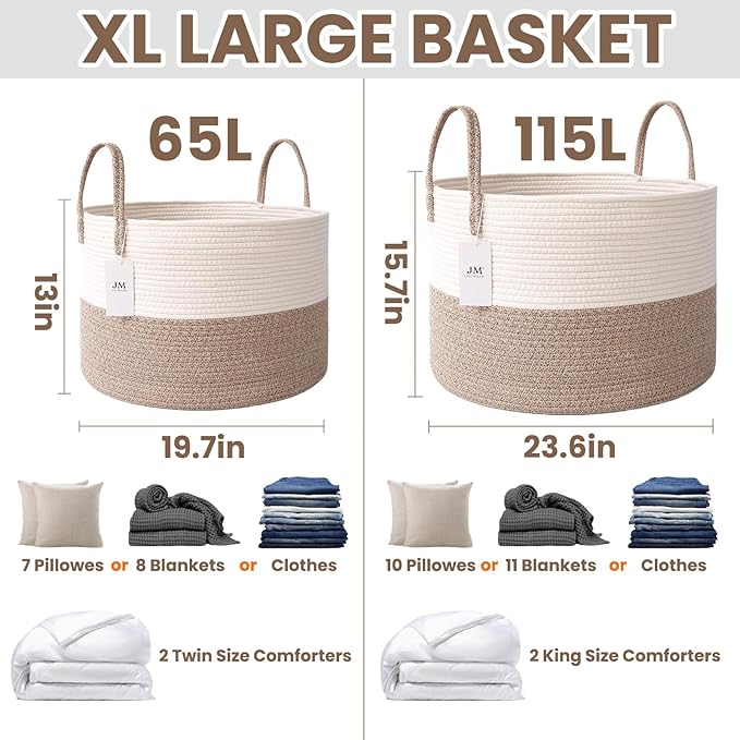 Woven Blanket Basket,65L Large Rope Storage Bin with Handles, Organizer for Blankets Toys Book and Clothes, Laundry Basket for Living Room Bedroom Nursery,White&amp;Brown