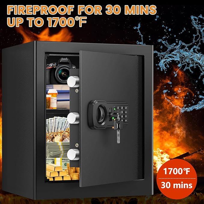 16.53" Tall Large Fire proof Safe Box for Home, 2.3 Cuft Digital Security Box with Combination Lock & Fireproof A4 Document Bag, Home Safe Fireproof Waterproof for Money Medicine Documents Valuables