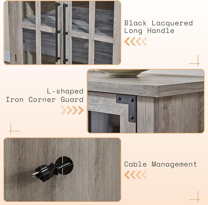 AMERLIFE Farmhouse 63" Buffet Sideboard Cabinet with Glass Door, Large Storage Cabinet with Adjustable Shelf, Wooden Coffee Bar Station for Kitchen, Dinning Room, Rustic Gray