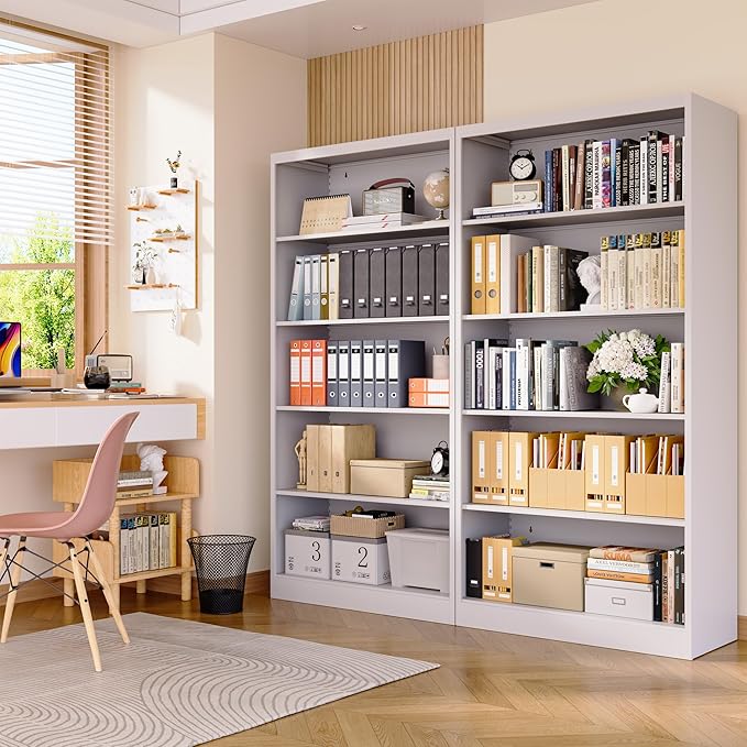 Book Shelf,5 Tier Metal Bookshelfs,66" Tall Free Standing Bookcase with Adjustable Storage Shelves, Large Bearing Bookcase for Bedroom Living Room Home Office,White Bookshelf