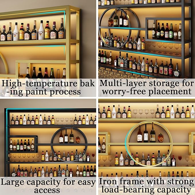 126in Large Wall Mounted Wine Rack, Modern Metal Wine Bottle and Glass Holder, 4-Tiers Liquor Bottles Floating Shelves Display Storage for Home Bar &amp; Dining Room Decorative (GOLD, 126 * 8 * 51INCH)