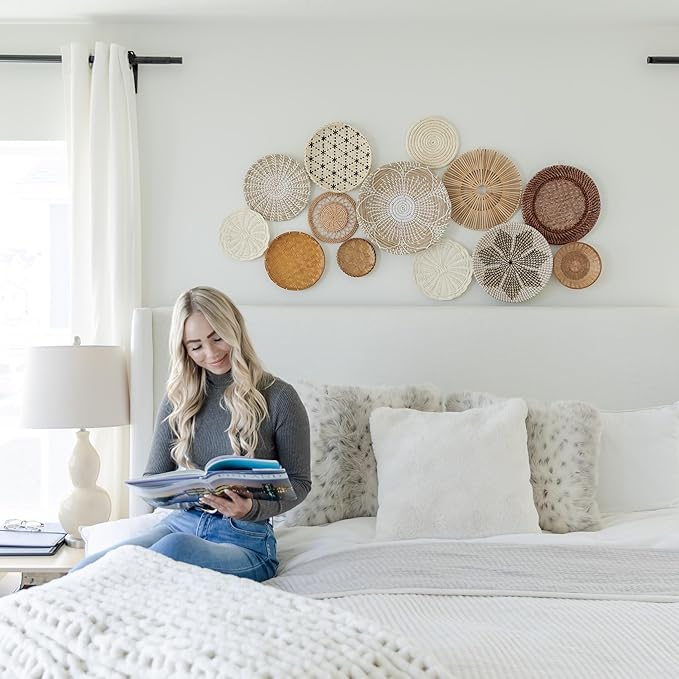 RESPOROX ELEGANCE YOUR WAY Set of 13 Hanging Woven Baskets for Wall Decor - Handcrafted Bamboo, Rattan &amp; Seagrass Baskets come with Hanger Nails, Marking Pencil &amp; Templates