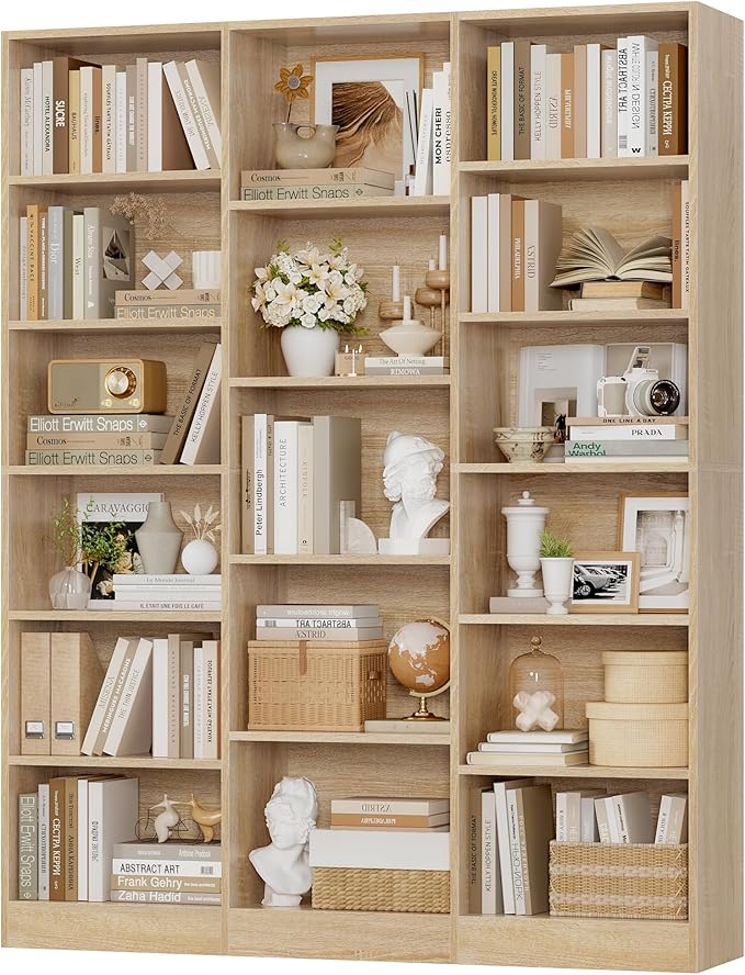Triple Wide Bookshelf, 6 Tier Large Bookshelf, Bookcase with 17 Open Display Shelves, 74'' Tall Bookcases and Bookshelfs for Living Room, Home Office, Library, Light Oak