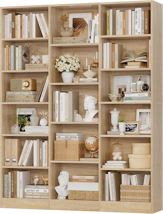 Triple Wide Bookshelf, 6 Tier Large Bookshelf, Bookcase with 17 Open Display Shelves, 74'' Tall Bookcases and Bookshelfs for Living Room, Home Office, Library, Light Oak