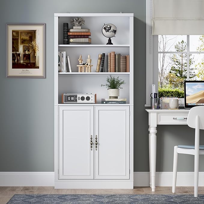 71.4" Tall Bookshelf with Cabinet, 5-Tier Floor Standing Bookcase with Doors &amp; Adjustable Shelves, 31.5" Wide Storage Shelf, Metal Handles, Modern Organizer for Home Office, Living Room