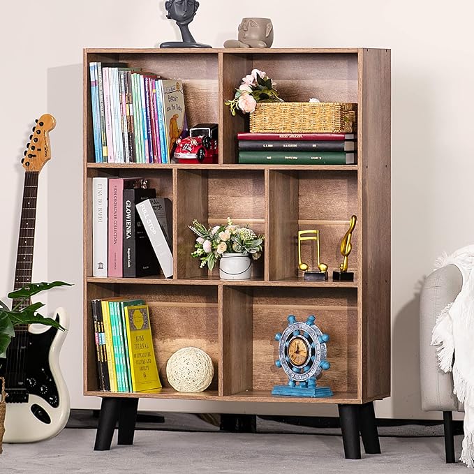 LEYAOYAO 7 Cube Bookshelf 3 Tier Modern Bookcase with Legs,Wood Book Shelves Storage Organizer Shelf,Free Standing Bookcases,Oak Display Bookshelfs