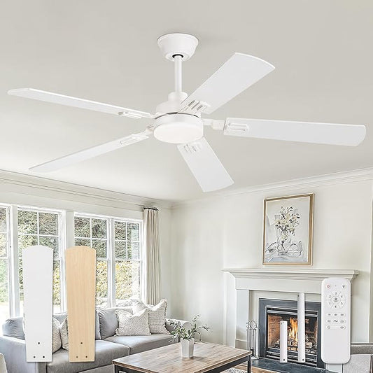 ZMISHIBO 52" Ceiling Fans with Lights, White Modern Ceiling Fan with Remote, bedroom Indoor Ceiling Fan with Dual Finish Blades, Quiet & Strong Motor, Bright LED Light.