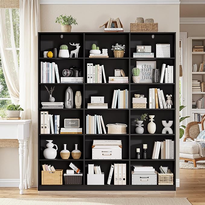 71.6” Tall Bookshelf, Black Bookcase with 18 Shelves, Triple Row Freestanding Display Storage Shelvesm, 2 PC 6 Tier Wide Book Case for Bedroom Living Room Home Office