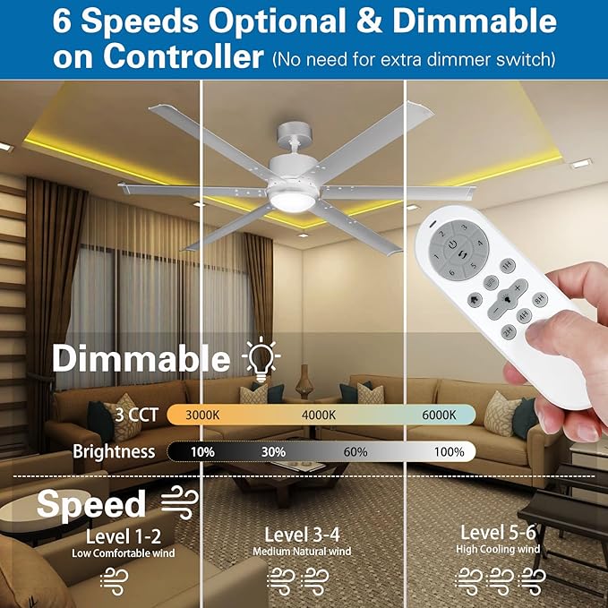 62" Ceiling Fans with Light and Remote, Energy Saving Super Quiet 6-Speed ​​Ceiling Fan with 3CCT Dimmable Light for Indoor and Outdoor, 6 Aluminum Blades, Reversible, Silver