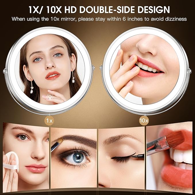 Wall Mounted Lighted Makeup Mirror, 8" Rechargeable Double-Sided Light up Magnifying Mirror 1x/10x, 3 Color Led Vanity Mirror with Lights, Touch Dimmable 360° Rotation Foldable-Nickel