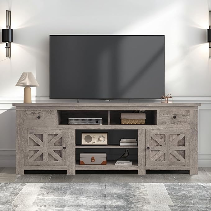 DWVO Farmhouse TV Stand for 75/80 Inches TVs, Entertainment Centers Furniture 30" Tall, TV Consoles with Storage Drawers & Power Outlet, Rustic TV Stands for Living Room, Washed Grey