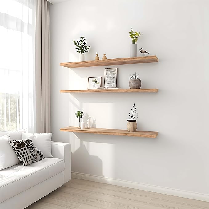 36 Inch Light Wood Floating Shelves for Wall Rustic Wall Shelf for Bedroom Living Room Set of 4