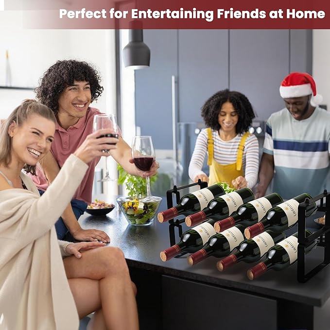 Small Wine Rack for 8 Bottles – Expandable &amp; Stackable Metal Wine Rack for Cabinet, Countertop, Floor, or Small Spaces – Compact Wine Storage Shelf for Kitchen, Bar, or Pantry (2 Tier, Black)