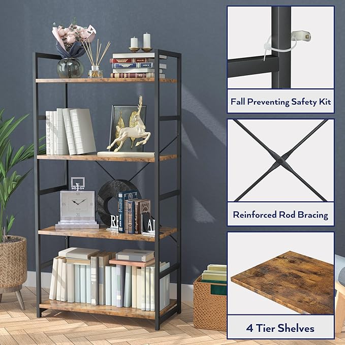 NUMENN 4 Tier Bookshelf, Tall Bookcase Shelf Storage Organizer, Modern Book Shelf for Bedroom, Living Room and Home Office, Vintage