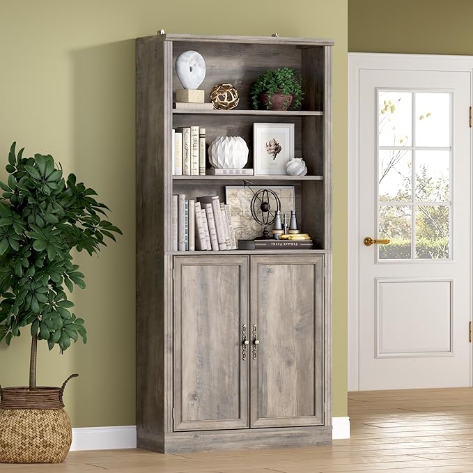 71.4" Tall Bookshelf with Cabinet, 5-Tier Floor Standing Bookcase with Doors & Adjustable Shelves, 31.5" Wide Storage Shelf, Metal Handles, Modern Organizer for Home Office, Living Room