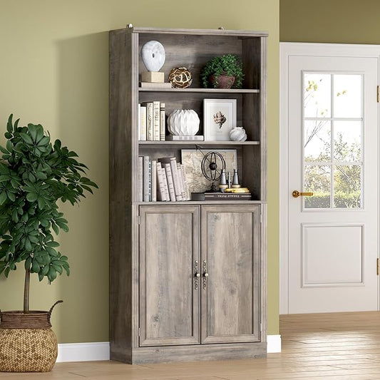 71.4" Tall Bookshelf with Cabinet, 5-Tier Floor Standing Bookcase with Doors &amp; Adjustable Shelves, 31.5" Wide Storage Shelf, Metal Handles, Modern Organizer for Home Office, Living Room