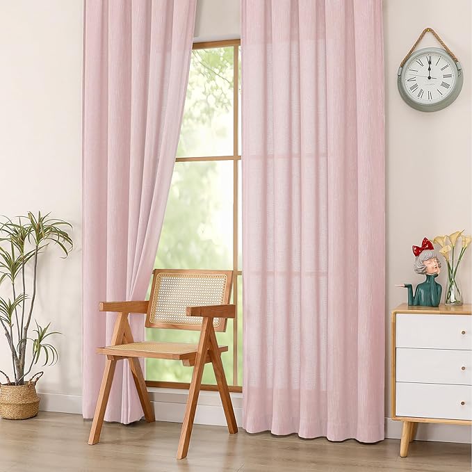 Simplebrand Blush Semi Sheer Faux Linen Textured Curtains 84 Inches Long 2 Panels, Light Filtering Farmhouse Bedroom Curtains, Farmhouse Rod Pocket Soft Thick Window Drapes for Living Room, 50Wx84L