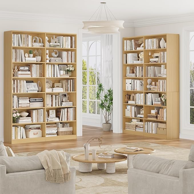83.6" Tall Bookshelf and Bookcase, 7-Tier Extra Large Bookshelf with Double Storage, 14 Open Display Shelves for Home Office, Study and Living Room, Natural